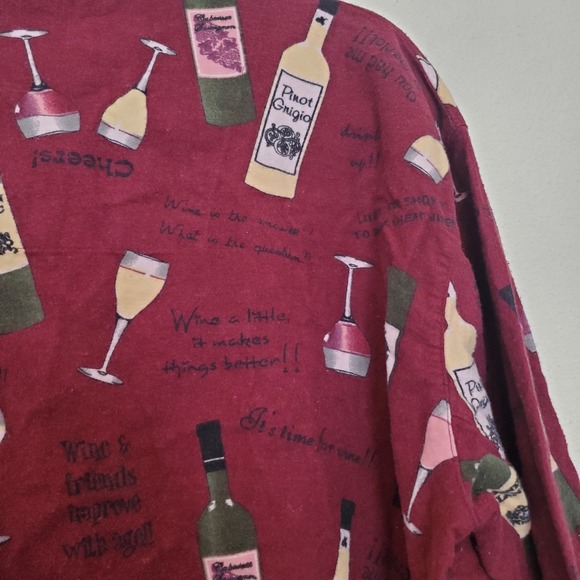 PJ Salvage Women's L Wine Bottle Glass Print Flannel Pajama Top Sleepwear Button - Picture 12 of 14